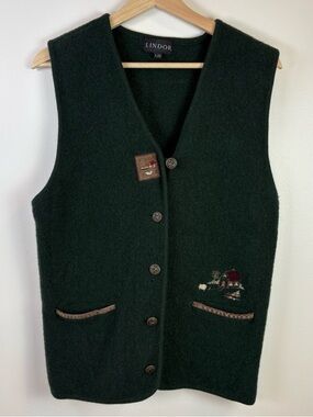 Lindor Men’s Vintage Dark Green Wool Vest Button Front Cottagecore Size Large
